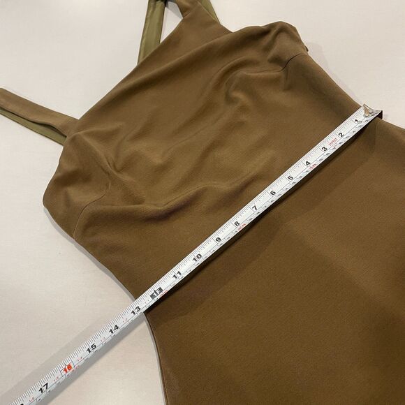 ~ Lauren Ralph Lauren 8 Cocktail Dress LRL Lined Midi Stretch Olive Asymmetrical - Picture 11 of 16